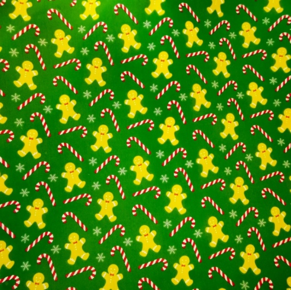 Christmas Polycotton - Gingerbread Men and Candy Canes on Green